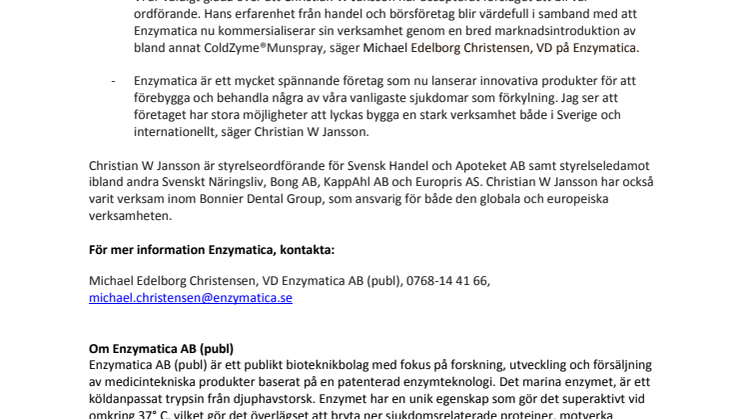 Christian W Jansson föreslås till ny ordförande för Enzymatica