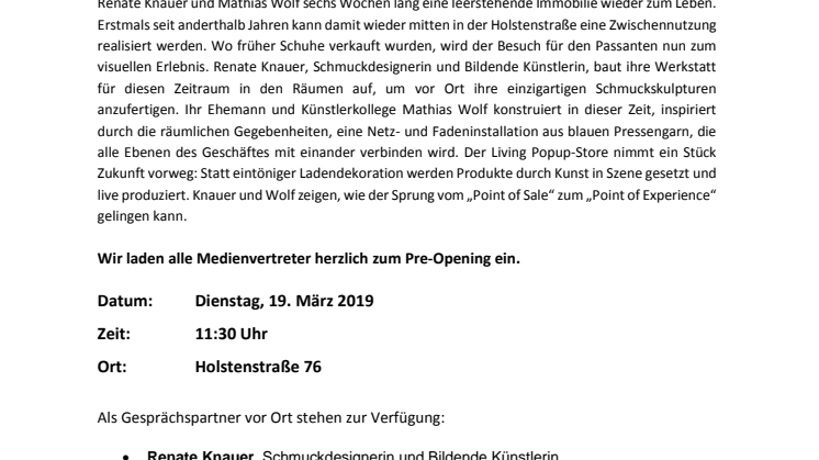 Einladung zum Pressetermin: Living Pop up - Zukunftsmusik in der mittleren Holstenstraße