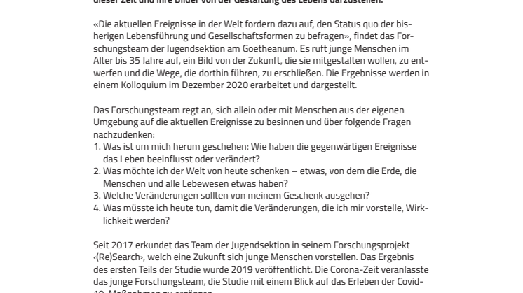 Jugendstudie ‹(Re)Search›: Aufruf zur Gestaltung der Zeit seit Corona – die seit Covid-19 wünschenswerte Welt 