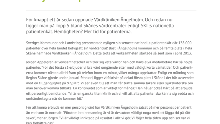 Mer personal ger Vårdkliniken Ängelholm nöjdare patienter
