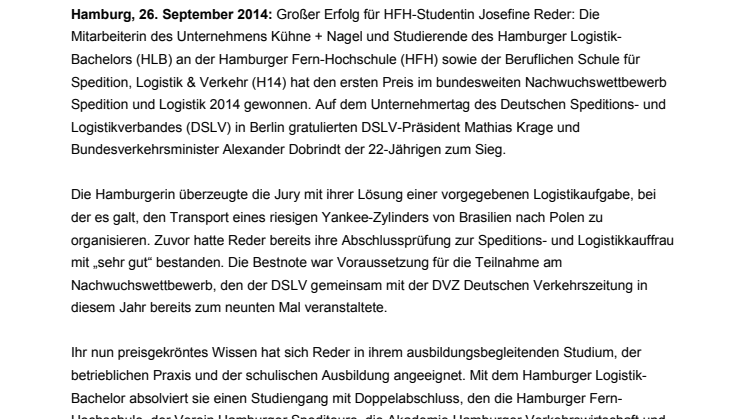 Studentin des Hamburger Logistik-Bachelors gewinnt Nachwuchswettbewerb Spedition und Logistik 2014