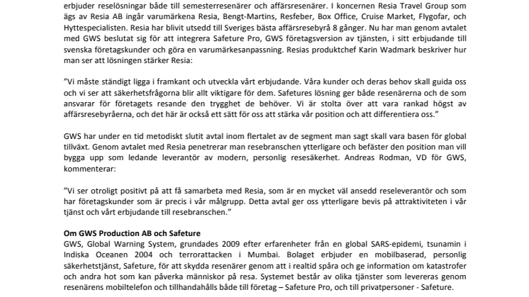 GWS signerar avtal med Resia AB