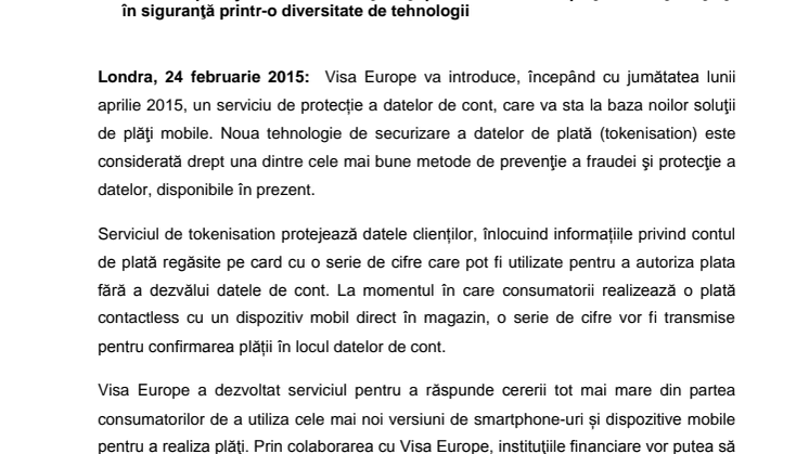 Visa Europe lansează serviciul de securizare a datelor de plată, care va sta la baza noii generații de tehnologii de plăţi mobile