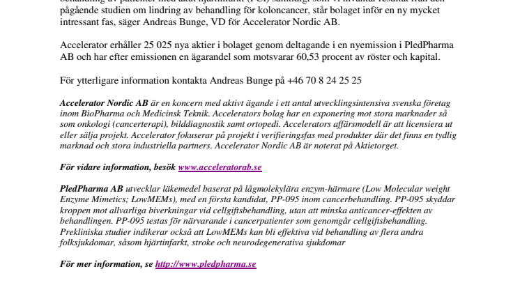 Accelerator ökar ägarandelen i PledPharma 