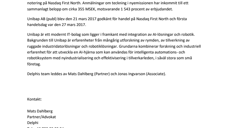Delphi rådgivare vid övertecknad nyemission och notering av Unibap AB (publ) på Nasdaq First North