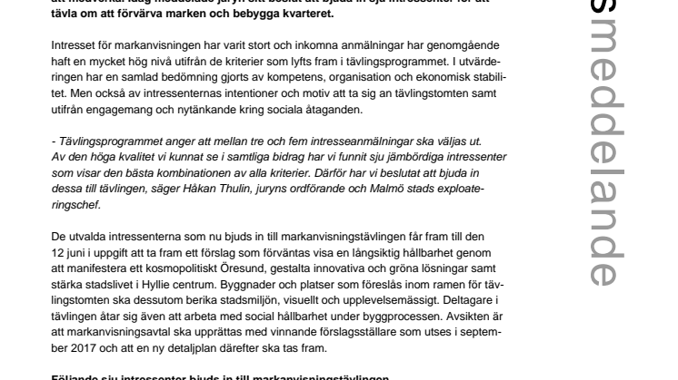 Klart för tävlingsstart av markanvisning i Hyllie