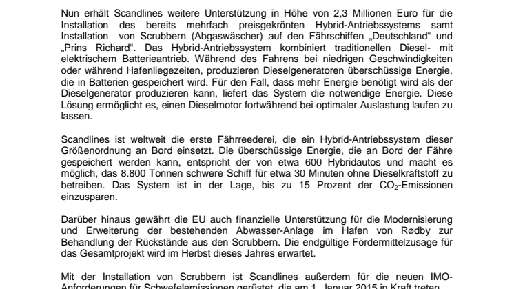 EU fördert erneut Scandlines‘ grüne Initiativen