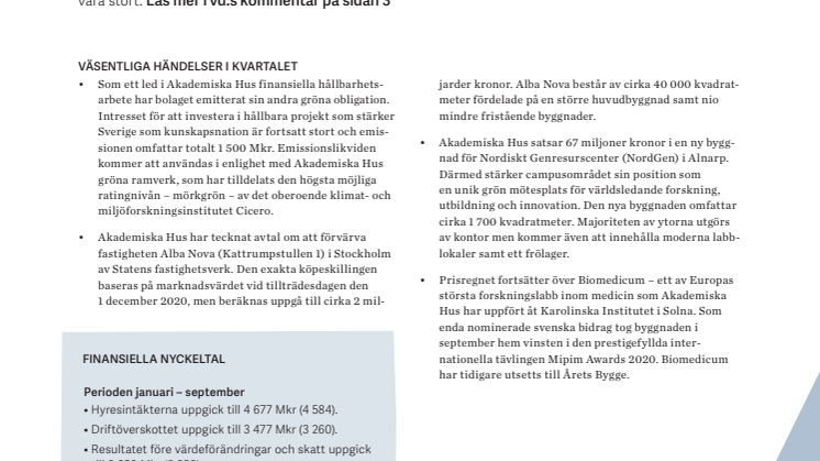 Delårsrapport 1 januari – 30 september 2020