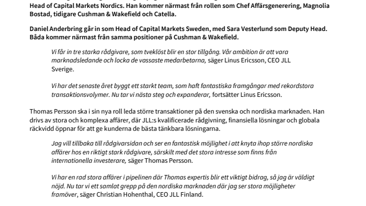 Stjärntrio till JLL Capital Markets 