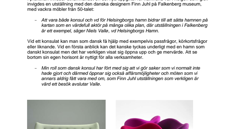 Konsuln på arbete i Falkenberg, inviger dansk designmöbel-utställning