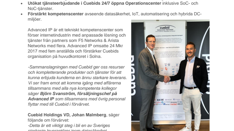 Svenska IT-säkerhetsföretaget Cuebid Holding AB förvärvar Advanced IP Scandinavia och stärker sin position som en av Sveriges främsta IT säkerhetsleverantörer