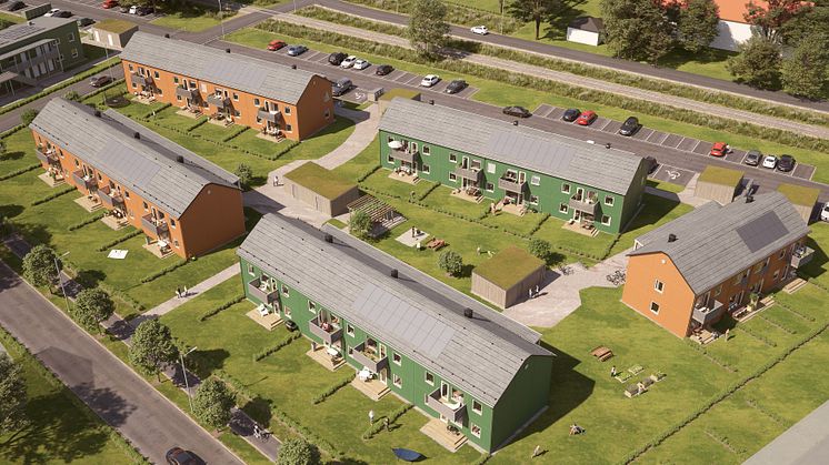 Illustration av de kommande lägenheterna i BoKlok Ryttaren, södra Gunsta, Uppsala. 