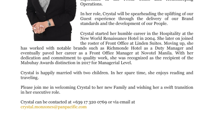 Pan Pacific Manila appoints Crystal Kathleen Monzones as Director of Rooms 