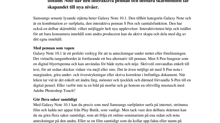 Galaxy Note 10.1 snart i butik:  Skaparglädje med ny Note från Samsung