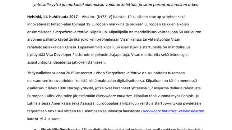 Visa tuo Everywhere Initiative -kilpailunsa ensimmäistä kertaa Eurooppaan – palkintona 50 000 euroa