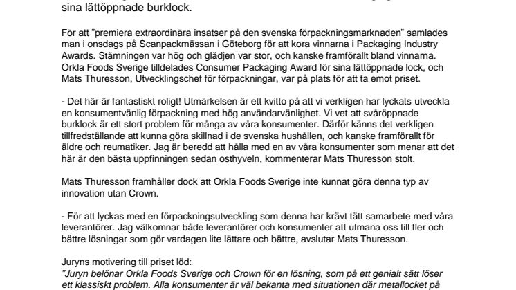 Orkla Foods Sverige tilldelas pris för bästa konsumentförpackning