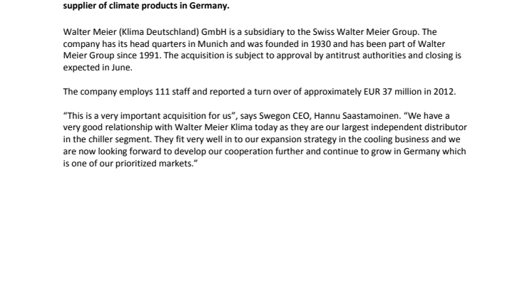 Swegon acquires Walter Meier (Klima Deutschland) GmbH