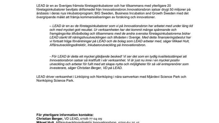 LEAD beviljas 4Mkr årligen för att fortsätta skapa starka tillväxtbolag