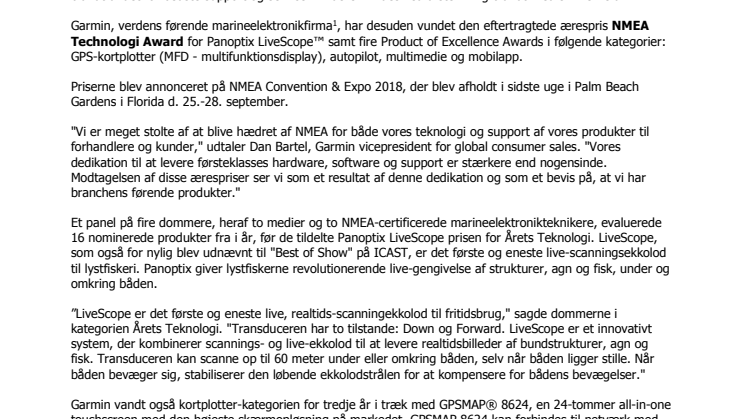 Garmin® tildelt to NMEA® ærespriser: 2018 Årets Producent og 2018 Årets Teknologi