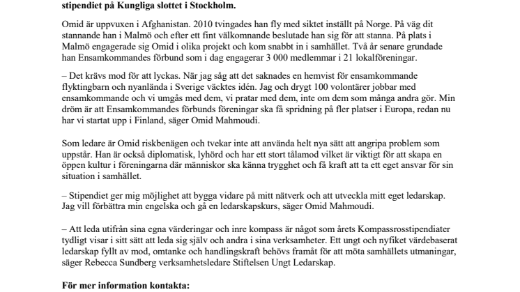 Omid Mahmoudi grundare av Ensamkommandes förbund får Kompassrosen