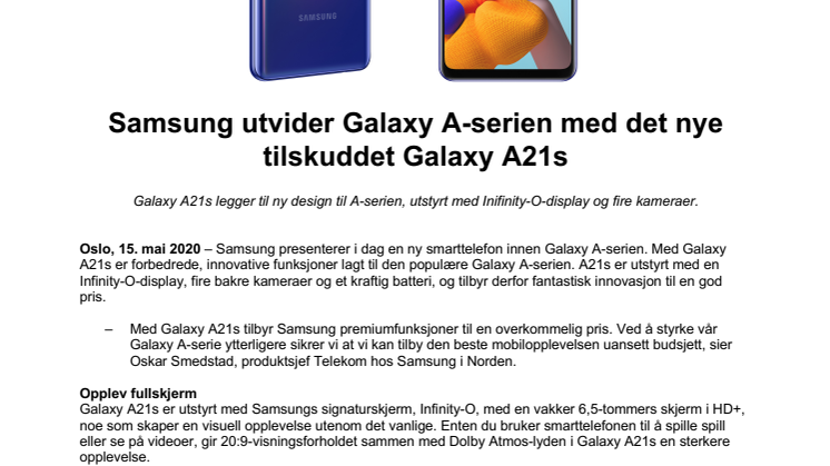 Samsung utvider Galaxy A-serien med det nye tilskuddet Galaxy A21s