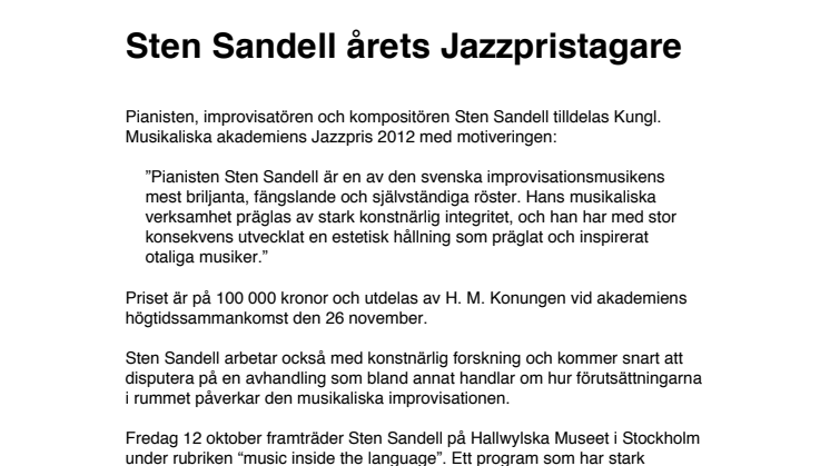 Sten Sandell årets Jazzpristagare