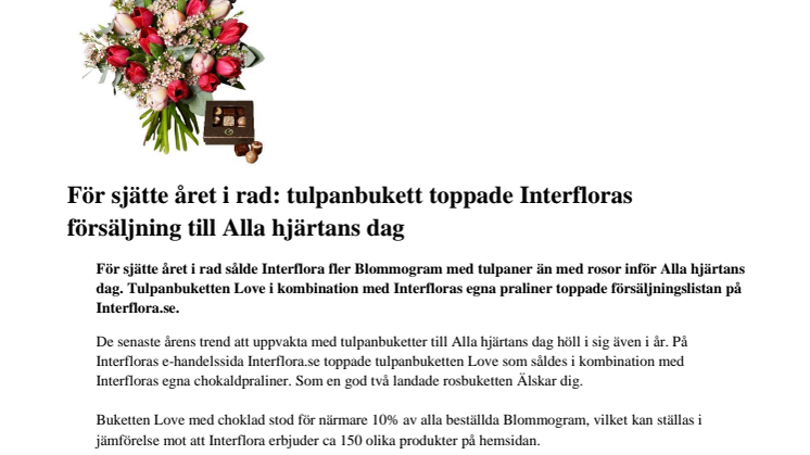 För sjätte året i rad: tulpanbukett toppade Interfloras försäljning till Alla hjärtans dag