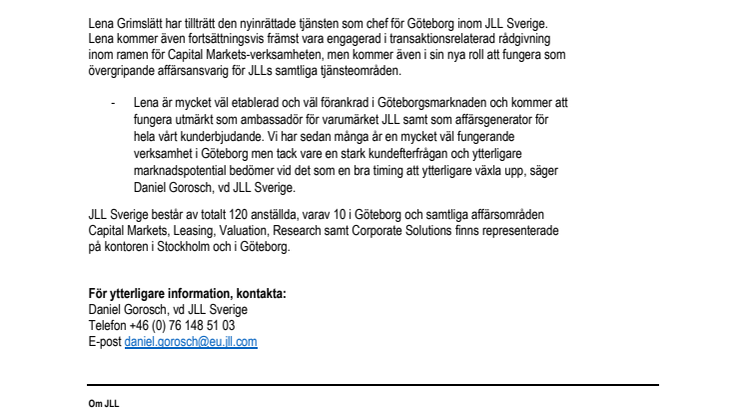 JLL sätter ytterligare fokus på Göteborg – utser Lena Grimslätt till ny chef