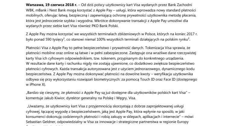 Płatności z Apple Pay już dostępne dla milionów polskich użytkowników kart Visa