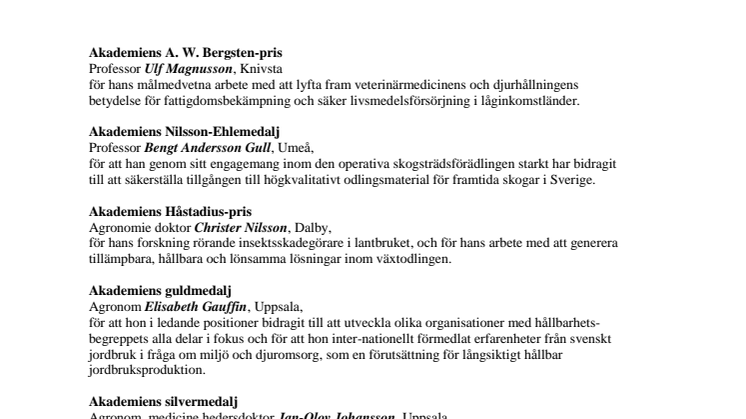 KSLA har utsett 2019 års pris- och belöningsmottagare