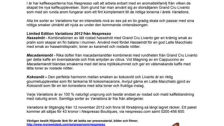 NESPRESSO LANSERAR ÅRETS VARIATIONS MED SMAKER AV TRE  OLIKA NÖTSORTER 