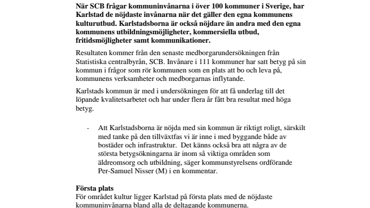 Karlstadsborna är de nöjdaste i landet med sin kommuns kulturutbud 