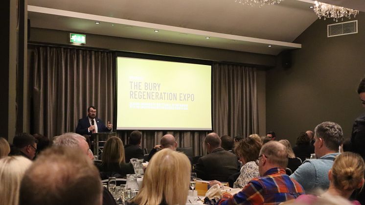 Cllr Eamonn O'Brien addresses business leaders at the Bury Regeneration Expo.
