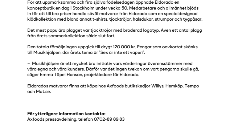 Eldorado skänker 120 000 kr till Musikhjälpen