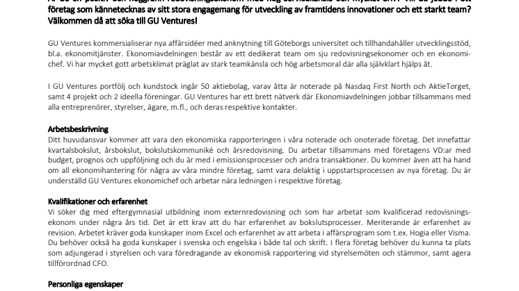 GU Ventures söker ny medarbetare: Kvalificerad Redovisningsekonom