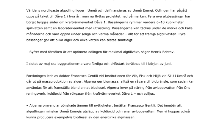 Umeå Energis algbassänger tar form på Dåva