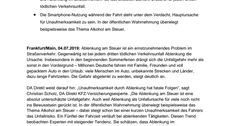 Nicht nur auf der Fahrt in den Urlaub: Ablenkung ist Ursache für jeden dritten tödlichen Verkehrsunfall