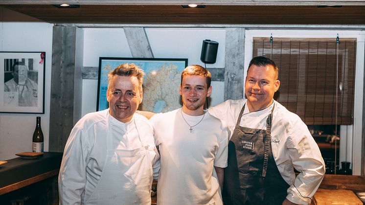NSC trip to Norway_ L2R_Sam Dixon of Nothcote YNCOTY winner_centre_enjoyed a masterclass hosted by award winning chef of Lofoten Food Studio Roy Magne Berglund Left_and Norwegian top chef Cven Erik Renaa of 2 starred restaurant RE-NAA _Right