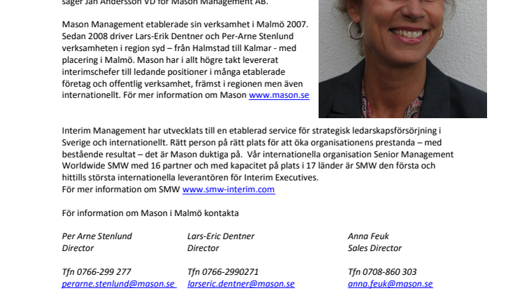 Mason Management AB utser Anna Feuk till Sales Director i Skåne
