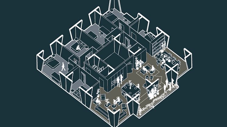 Detalj från förslaget ' Collective Geometries', bostadsdel med gemensamma utrymmen.