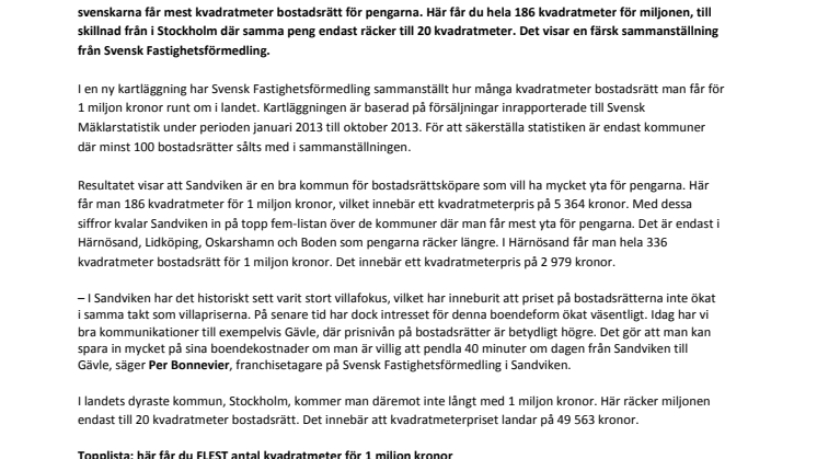 Ny statistik visar: För 1 miljon kronor får du 186 kvadratmeter bostadsrätt i Sandviken – eller 20 kvadratmeter i Stockholm