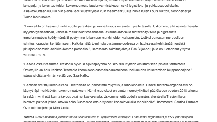 Suomalainen sijoittajaryhmä ostaa Senticalta enemmistöosuuden teollisuuskalusteita valmistavasta Trestonista
