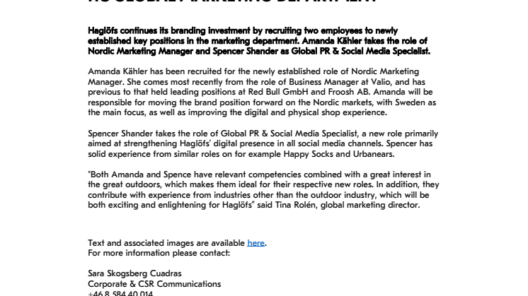 HAGLÖFS RECRUITS MORE KEY POSITIONS TO ITS GLOBAL MARKETING DEPARTMENT