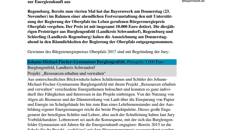 Bürgerenergiepreis Oberpfalz 2017 geht an drei Impulsgeber