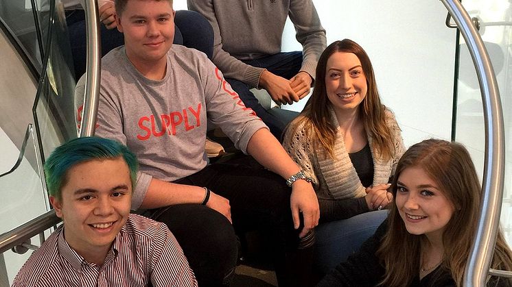 : Six of the seven successful EBM Students: Front L-R - John Nichols and Lydia Willis. Mid row L-R -  Alex Colby and Samantha Bright. Back L-R - Georgie Smith and Sam McDermid.  