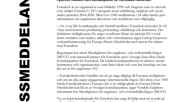 Europa Direkt nybliven medlem och kontaktpunkt för Eurodesk-nätverket