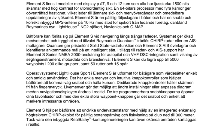FLIR lanserar Raymarine Element S – displayer för navigation