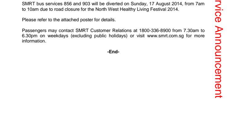 Road Diversion due to North West Healthy Living Festival on 17 August
