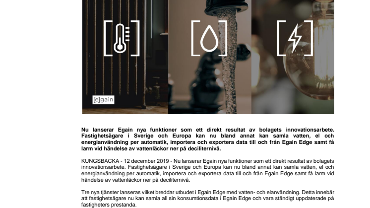 Egain breddar sitt tjänsteutbud och lanserar nya smarta funktioner inom vatten- och el till användare av Egain Edge.