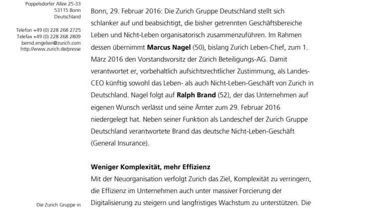 Zurich vereinfacht Unternehmensorganisation - Leben und Nicht-Leben Geschäftsbereiche werden zusammengeführt